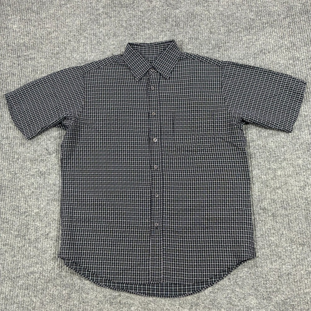 Bugatchi Uomo Mens Button Up Shirt Large Black Plaid Short Sleeve Casual